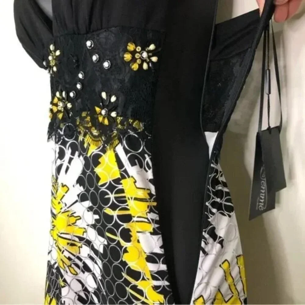 La Femme Beaded Halter Cocktail Dress - Black, White, & Yellow - Size: 0 --- NWT - Picture 3 of 9